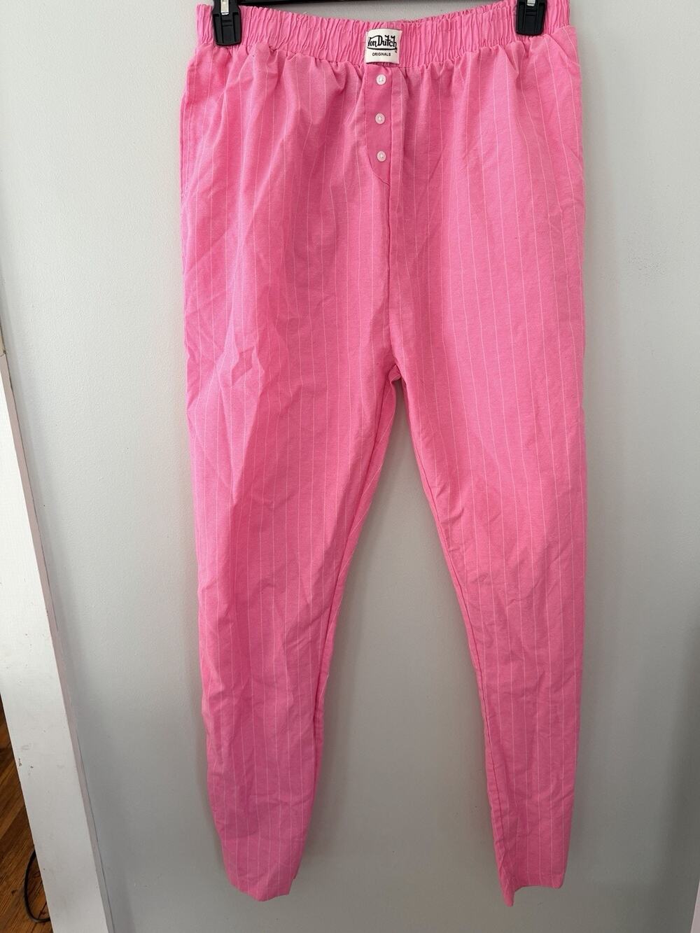 Von Dutch Pants Women XL Pink White Pinstripe Lounge Pajama Sleepwear Originals